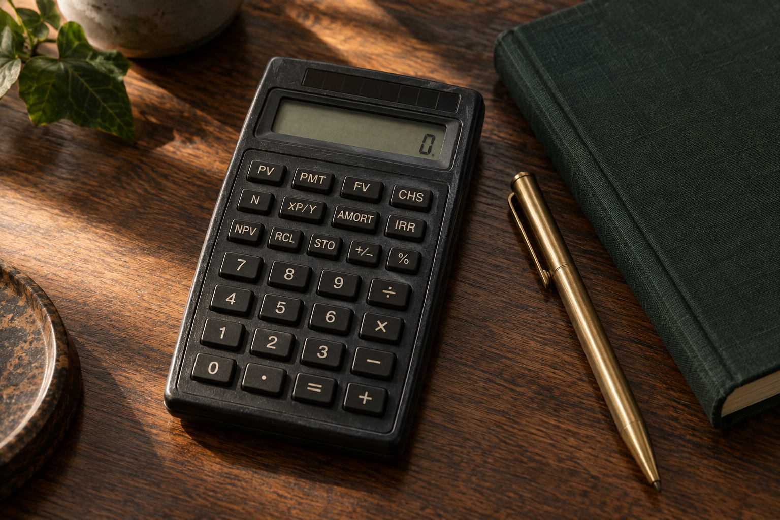 Vintage financial calculator, green notebook, and brass pen on a walnut desk